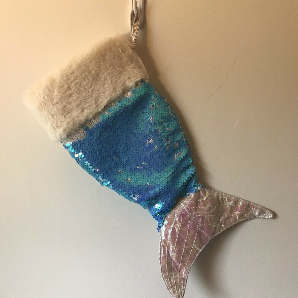 Mermaid Tail Blue Silver sequin Christmas Stocking 14” fleece lined embellished